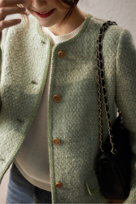 Women's Avocado Green Short Wool Coat with Tweed Texture