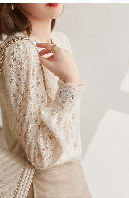 Women's White Floral Lace Cut-Out Blouse with Puff Sleeves - Round Neck