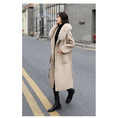 Wool blend coat with faux fur lined hood for women