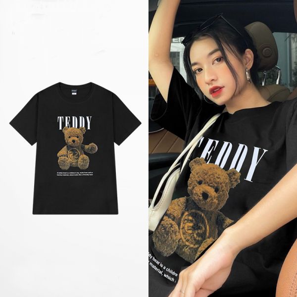 Black cotton short-sleeved t-shirt with unisex teddy print