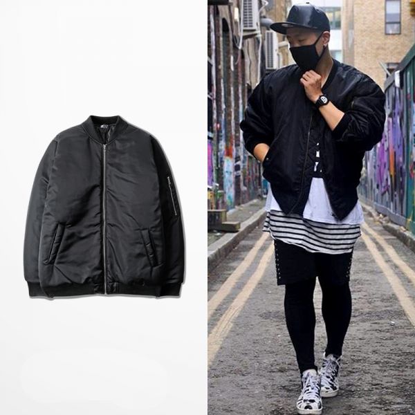 Black MA1 Bomber Jacket with Sleeve Zip for Men