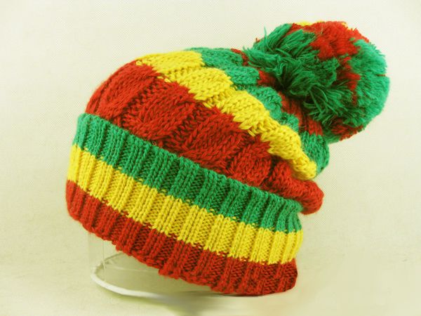 Rasta Bobble Beanie Winter Hat for Men or Women with Red Green Gold Stripes