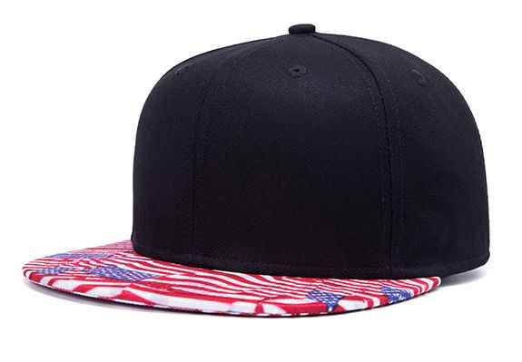Black Snapback Cap with USA Flags Stars and Stripes Flat Brim