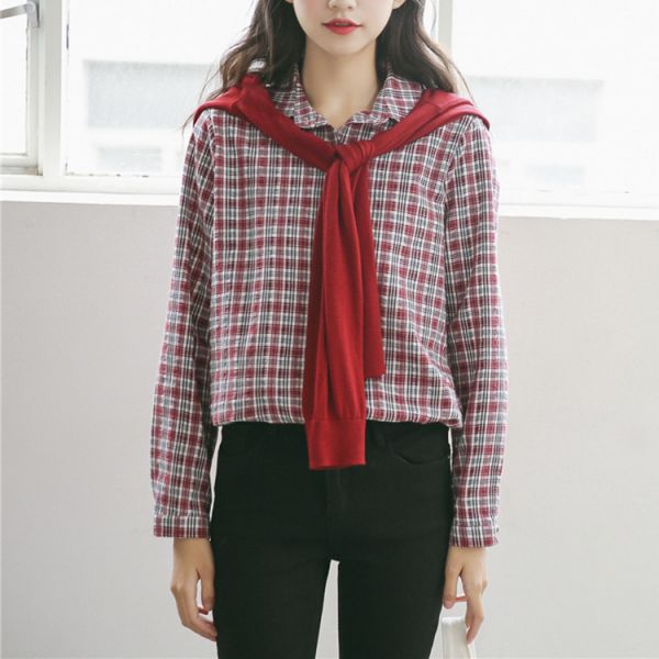 Red and Grey Checkered Long Sleeve Shirt for Women