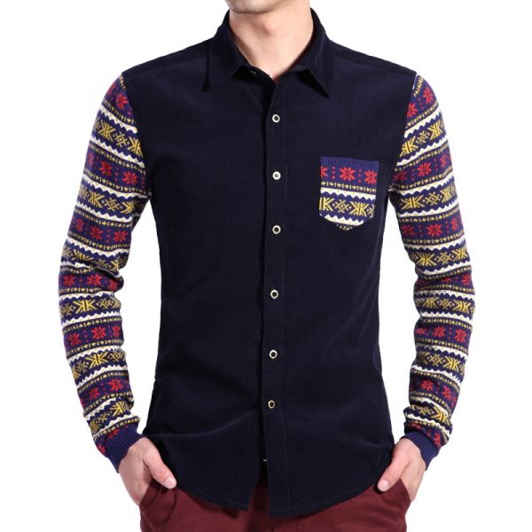 Corduroy Fashion Shirt for Men with Snowflake print on sleeves