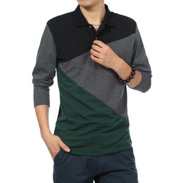 Long sleeve polo shirt with geometric tricolor pattern