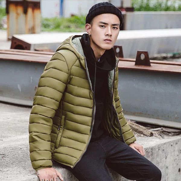 Padded winter puff jacket for men with hood and contrast interior