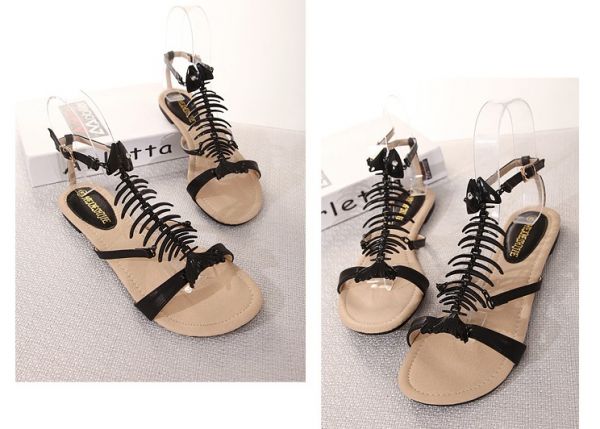 Fishbone Sandals for Women summer Casual Shoes Leather - Black White