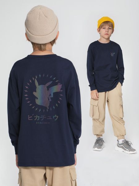 Kids' Laser Color-Changing Pikachu Print Long Sleeve Cotton T-Shirt