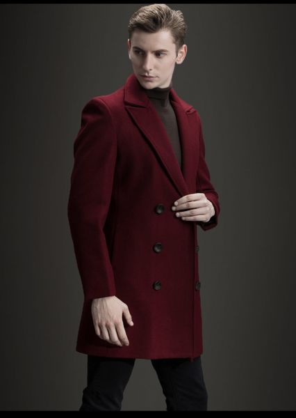 Burgundy red winter wool coat for men with double breast buttons