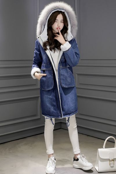 Women's denim coat with lined hood fur lining 