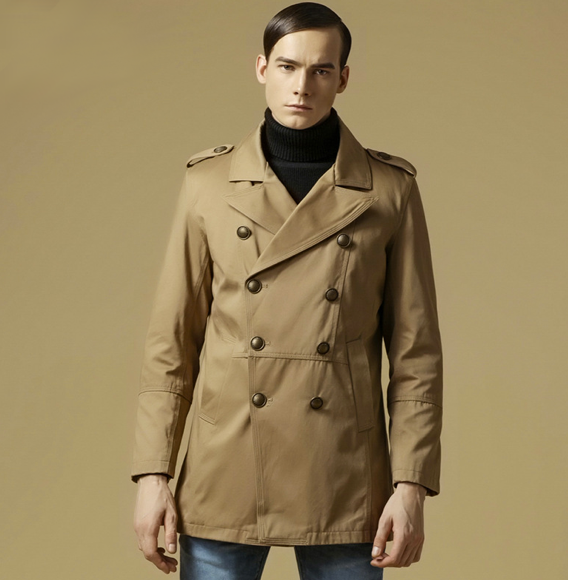 Double Breasted Trench Coat for Men with Slim Fit Cut