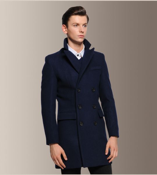 Men Woolen Single-breasted Coat Winter Warm Pure Color Slim Long Overcoat B027