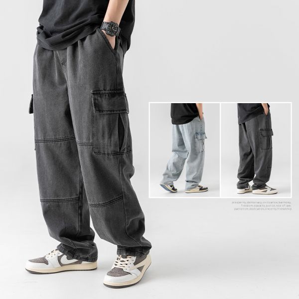 Men's retro loose elastic waist baggy denim trousers