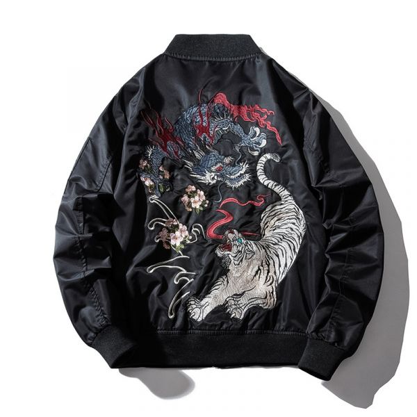 Men's Vintage Style Bomber collar Jacket with Asian Inspired Embroidery