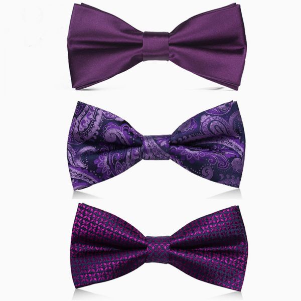 Purple Satin Bowtie in Various Patterns with Matching Pocket Square for Suit Wedding Ceremony