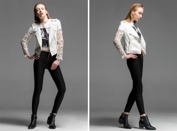 Perfecto Leather Jacket for Women with Lace Flower Sleeves - White