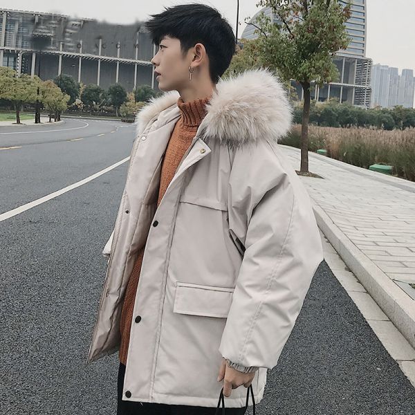 Puffer jacket with faux fur trim hood for men