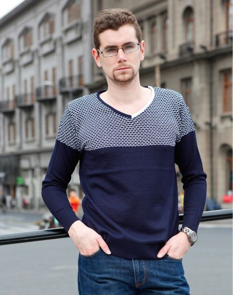 V Neck Pullover Jumper for Men with Asymmetric Colored Collar
