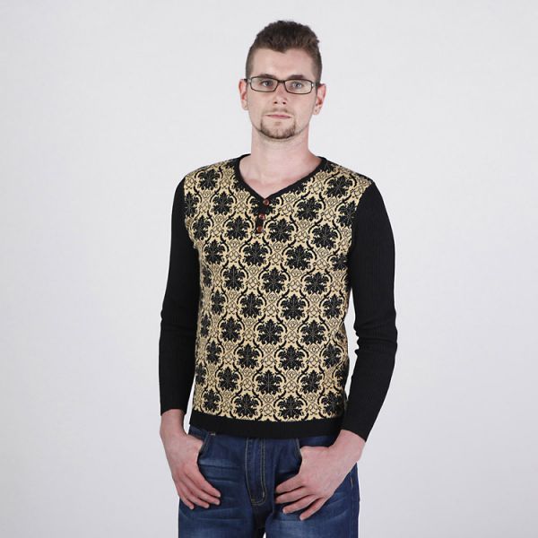 Men's Woven Pullover with Lilies Flower Pattern and Solid Sleeves