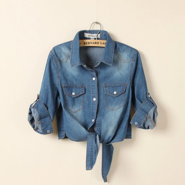 Rolled Sleeve Knot Front Denim Shirt for Women