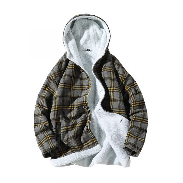 Sherpa coat with hood check print for men