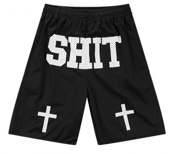 Shit Block Letters Black White Cotton Shorts Streetwear Crucifix on Knees
