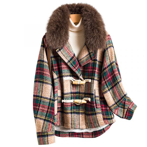 Short fur lined winter plaid coat for women