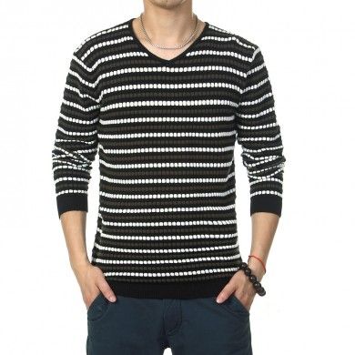 V Neck Sweater for men with striped horizontal pattern Wool Knit