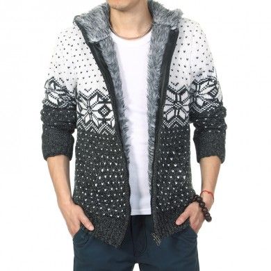 Thick Wool Hoodie for Men with Inner Fur Bicolor Winter Print