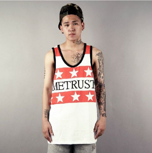 MeTrust Red Stars Print Tank Top T shirt with White Stripes
