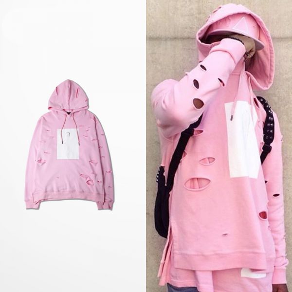 Pink Hoodie for Men with Ripped Holes and White Square Hooded Sweatshirt