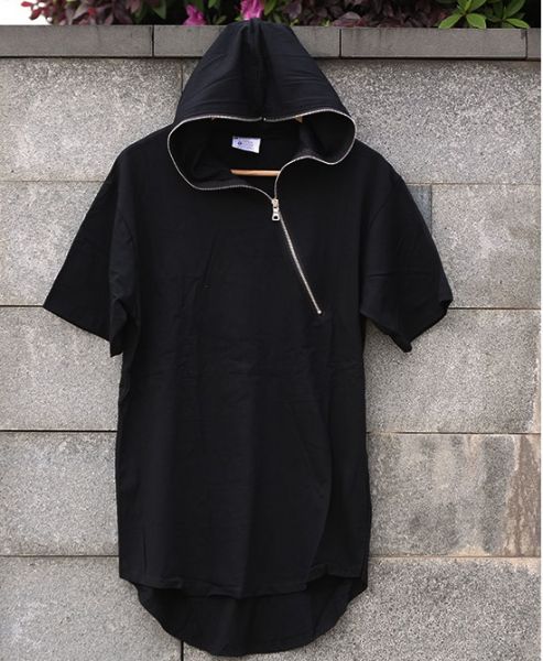 Hooded Short Sleeve T-shirt for Men with Diagonal zip collar