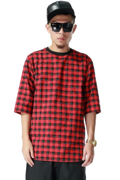 Oversize Plaid Red and Black Checkered T shirt with Back Zip