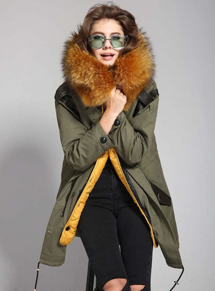 Trench coat woman fur hood with leather details