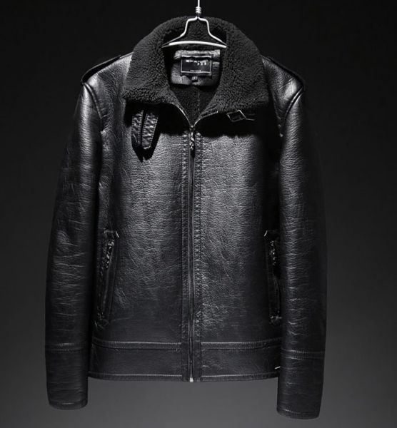 PU leather jacket for men with shearling and fur lining vintage