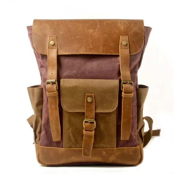 Vintage canvas panelled leather backpack unisex