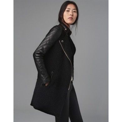 Bimaterial Leather Wool Jacket for Women with PU Leather Sleeves