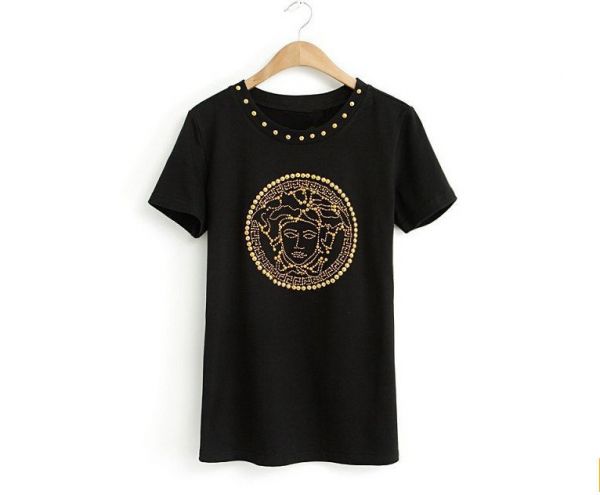 Women's T shirt with Gold Studded Medusa Design on Front